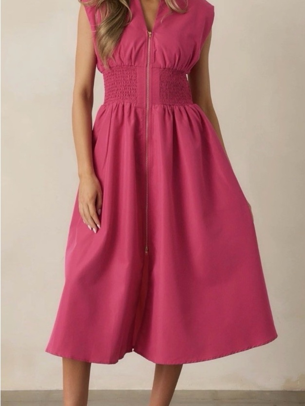 Nine West Sleeveless Fuchsia Zipper Midi Dress with Smocked Waist